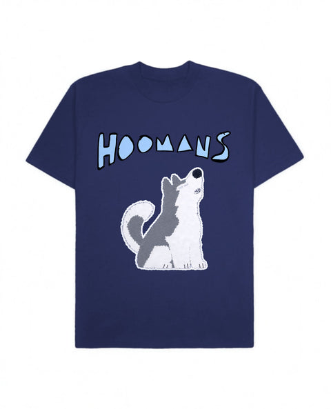 Royal Blue oversized tee with a big ice blue Hoomans logo over a flat colour husky howling, front flat lay