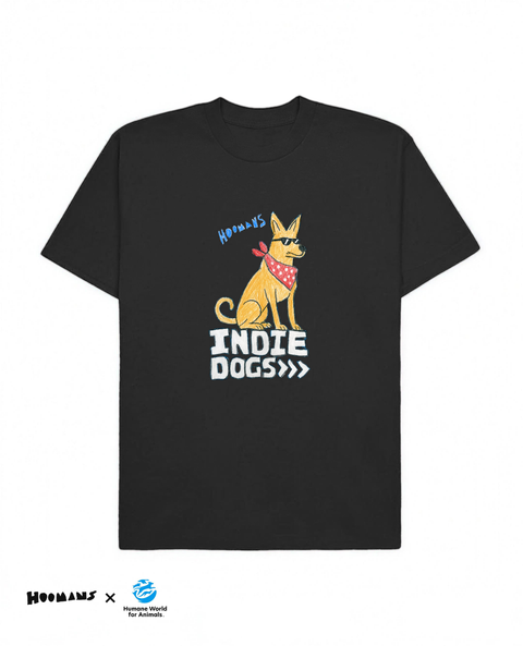 Indie Dogs oversized tee in black, crayon drawn indie dog in sunglasses and a red bandana