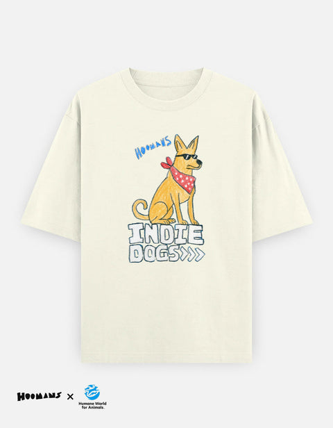 Indie Dogs oversized tee in off white, crayon drawn indie dog in sunglasses and a red bandana above Indie Dogs lettering, Hoomans x Humane World for Animals India lockup