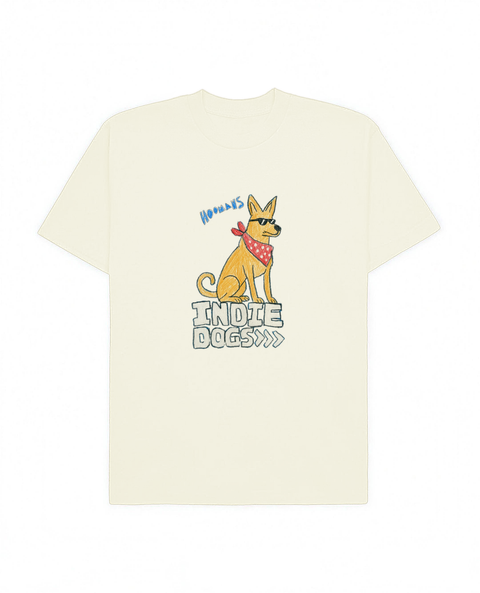 Indie Dogs oversized tee in off white, crayon drawn indie dog in sunglasses and a red bandana