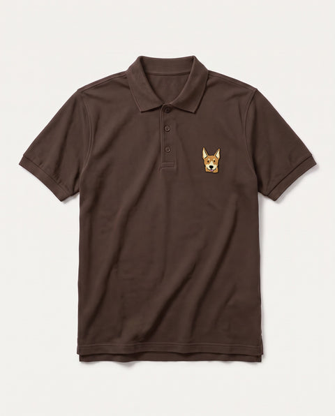 Coffee brown polo shirt with embroidered Indian indie dog face on the chest, front flat lay