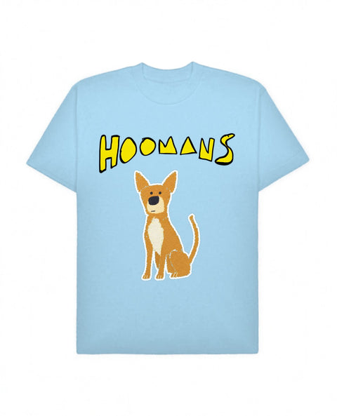 Baby Blue oversized tee with a big yellow Hoomans logo over a flat colour indie dog sitting, front flat lay