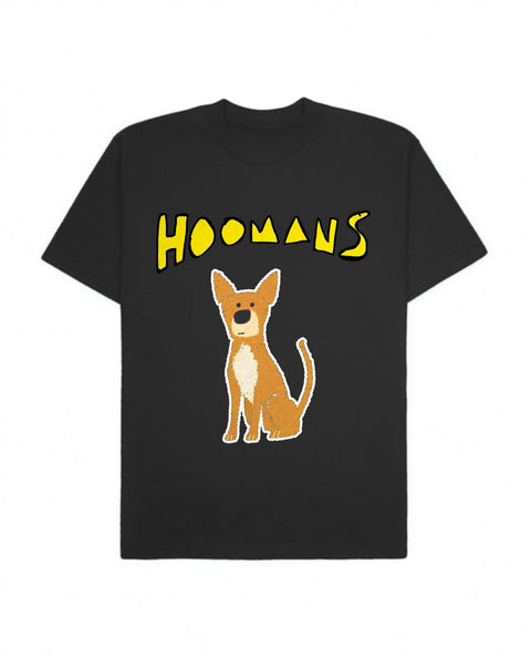 Black oversized tee with a big yellow Hoomans logo over a flat colour indie dog sitting, front flat lay