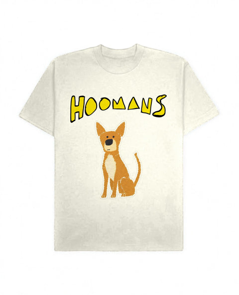 Off White oversized tee with a big yellow Hoomans logo over a flat colour indie dog sitting, front flat lay