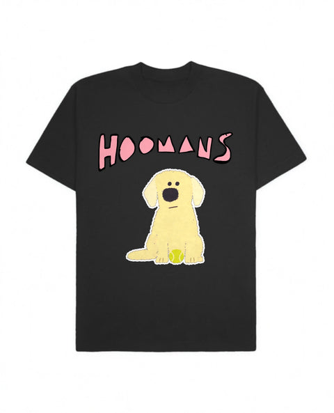 Black oversized tee with a big pink Hoomans logo over a flat colour yellow labrador sitting with a tennis ball, front flat lay