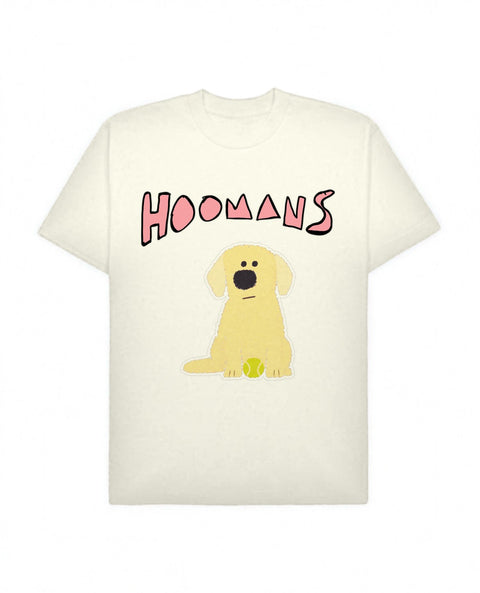 Off White oversized tee with a big pink Hoomans logo over a flat colour yellow labrador sitting with a tennis ball, front flat lay