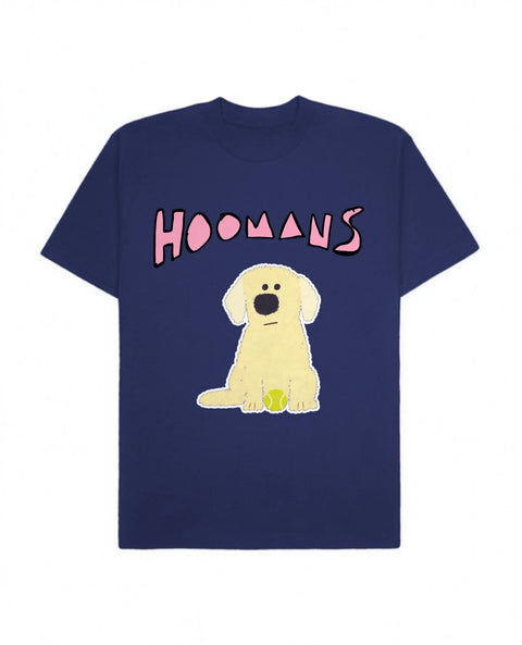 Royal Blue oversized tee with a big pink Hoomans logo over a flat colour yellow labrador sitting with a tennis ball, front flat lay