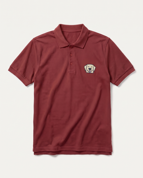 Brick red polo shirt with embroidered Labrador face on the chest, front flat lay
