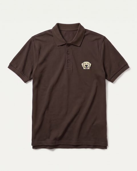 Coffee brown polo shirt with embroidered Labrador face on the chest, front flat lay