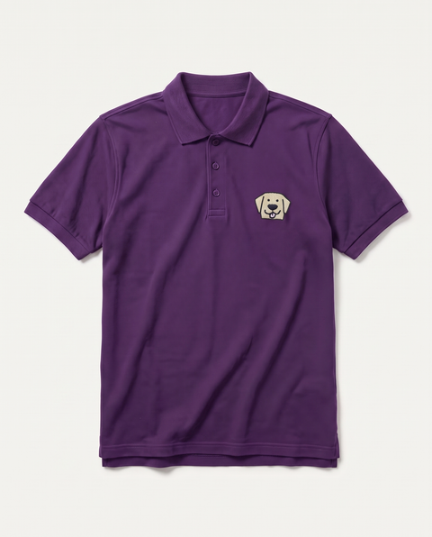 Purple polo shirt with embroidered Labrador face on the chest, front flat lay