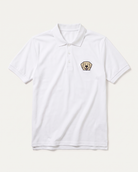 White polo shirt with embroidered Labrador face on the chest, front flat lay