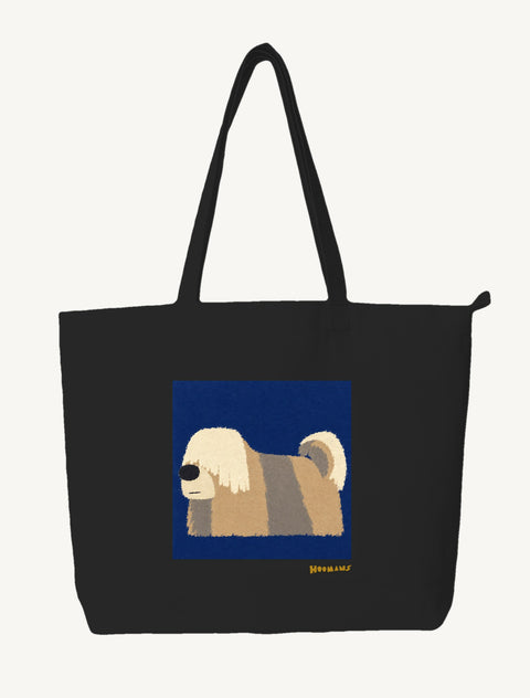 Black large canvas tote bag with a flat colour Lhasa Apso in profile on a navy block and a gold Hoomans wordmark, front view