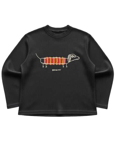 Black waffle knit oversized full sleeve tee with a badly drawn long dachshund in a red and yellow striped jumper across the chest and a small HOOMANS wordmark underneath, front flat lay