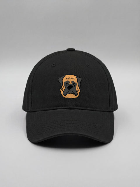Black baseball cap with embroidered english mastiff face, front view