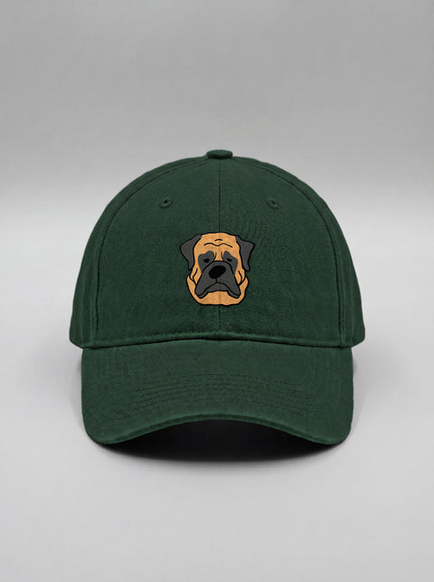 Bottle green baseball cap with embroidered english mastiff face, front view