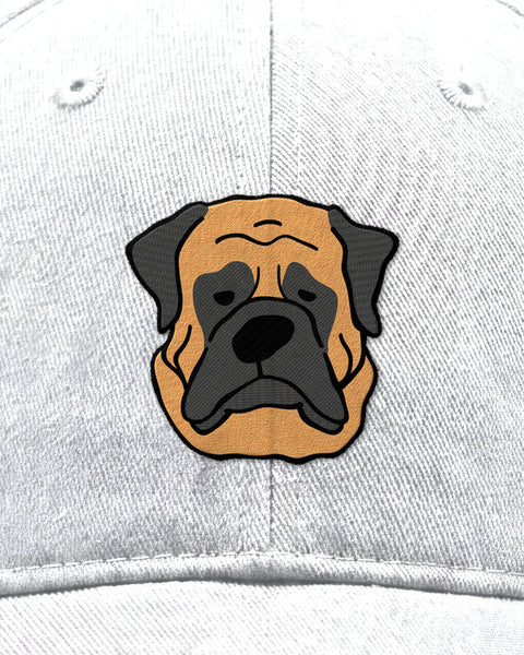 Embroidered english mastiff face in satin stitch on a white baseball cap, close up