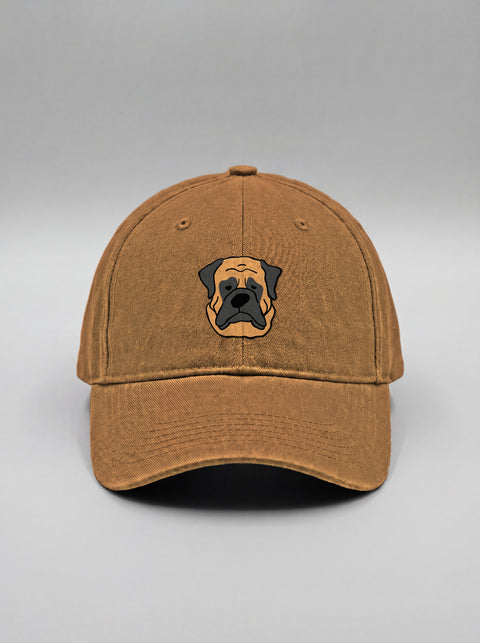Khaki baseball cap with embroidered english mastiff face, front view