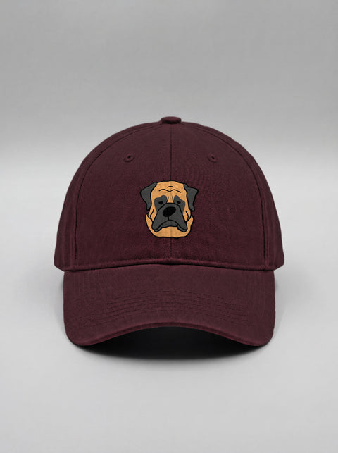Maroon baseball cap with embroidered english mastiff face, front view