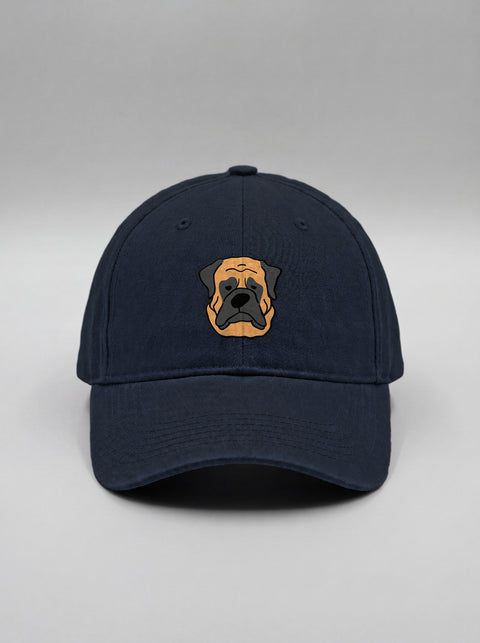Navy blue baseball cap with embroidered english mastiff face, front view