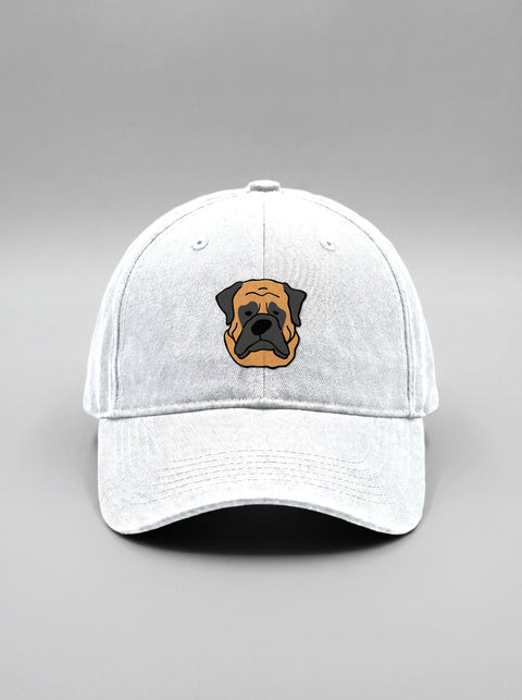 White baseball cap with embroidered english mastiff face, front view