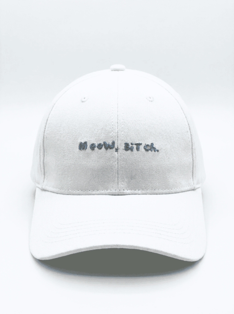 White Meow, Bitch cap with blue embroidery, front view