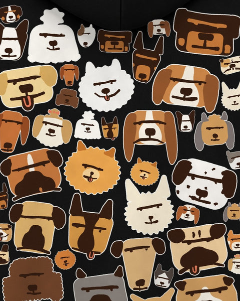Close up of the back: rows of flat dog breed faces with sticker edges on black fleece
