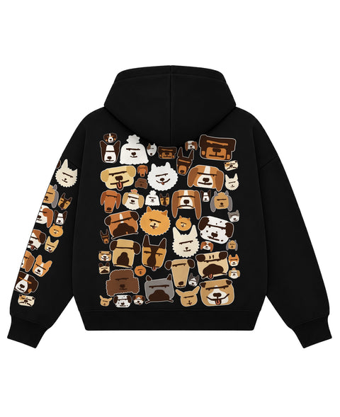 Back of the black boxy hoodie covered in dog breed face drawings, flat lay