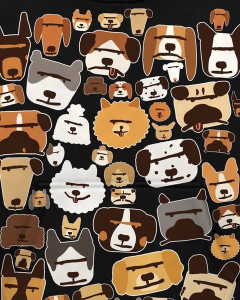 Close up of the front: deadpan dog faces including a pug, a pomeranian, a dalmatian and a doberman