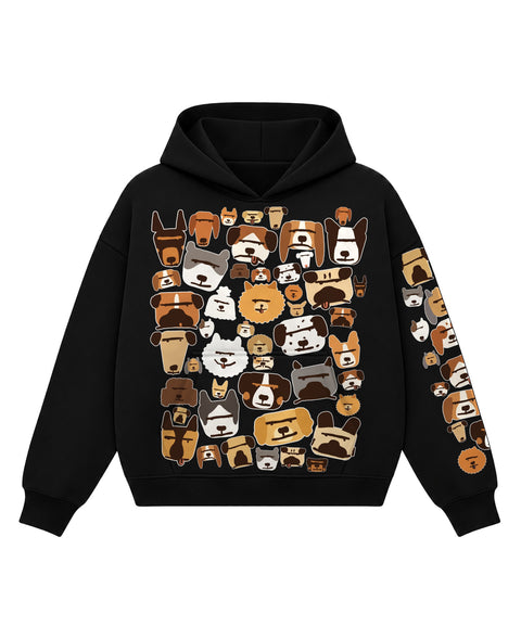 Black boxy hoodie covered in flat drawings of dog breed faces with off-white sticker edges, front flat lay