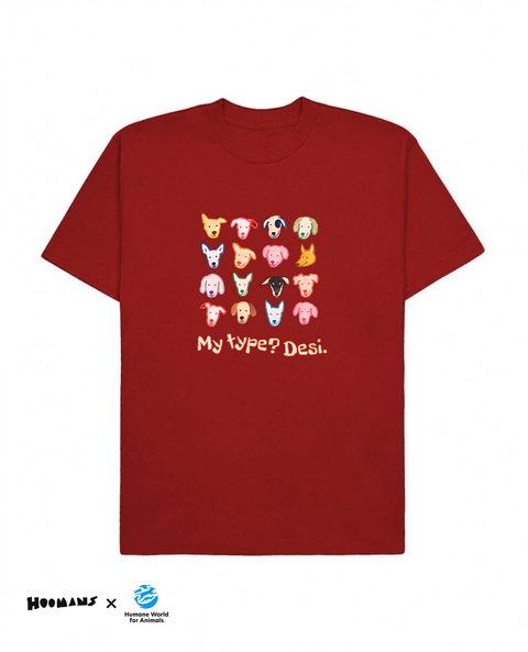 My Type? Desi oversized tee in red, sixteen painted indie dog faces across the chest