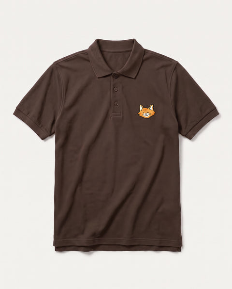 Coffee Brown polo shirt with embroidered orange tabby cat face on the chest, front flat lay
