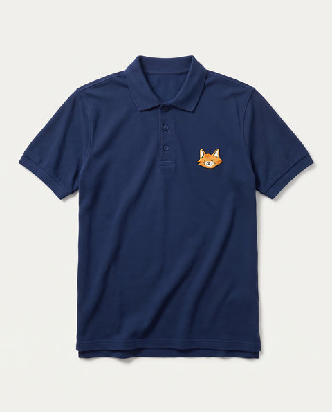Navy Blue polo shirt with embroidered orange tabby cat face on the chest, front flat lay