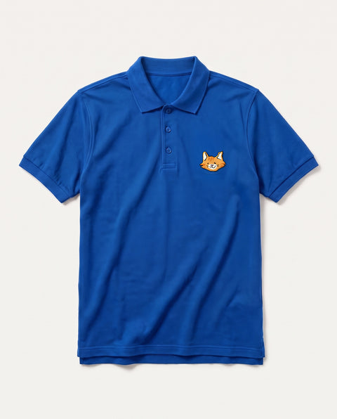 Royal Blue polo shirt with embroidered orange tabby cat face on the chest, front flat lay