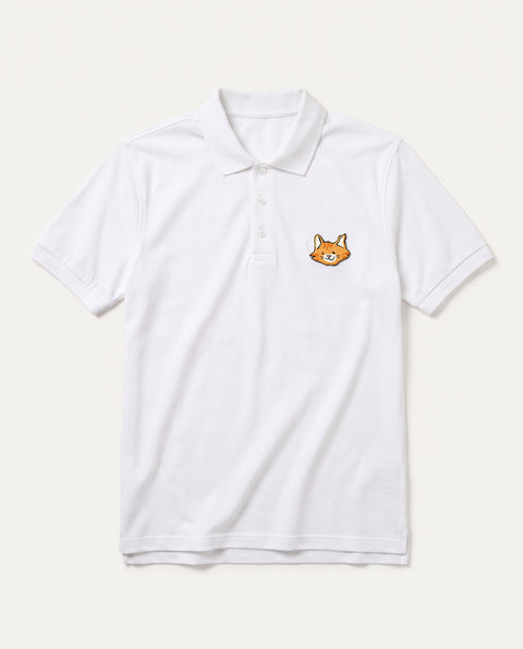 White polo shirt with embroidered orange tabby cat face on the chest, front flat lay