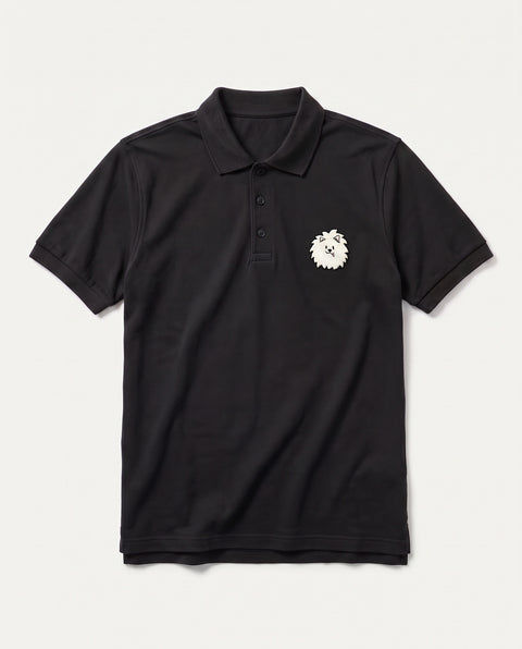 Black polo shirt with embroidered Pomeranian face on the chest, front flat lay