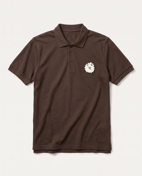 Coffee Brown polo shirt with embroidered Pomeranian face on the chest, front flat lay