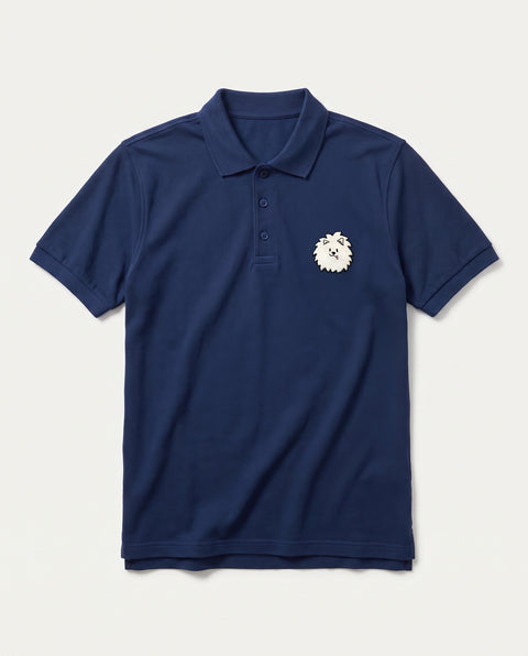 Navy Blue polo shirt with embroidered Pomeranian face on the chest, front flat lay