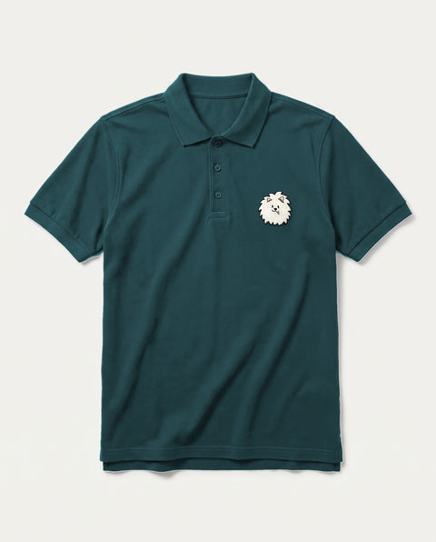 Petrol Blue polo shirt with embroidered Pomeranian face on the chest, front flat lay