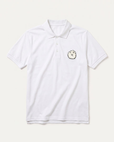 White polo shirt with embroidered Pomeranian face on the chest, front flat lay