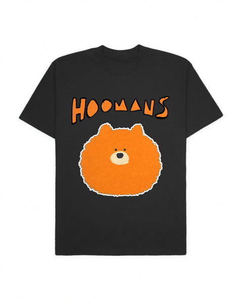 Black oversized tee with a big orange Hoomans logo over a flat colour orange pomeranian face, front flat lay