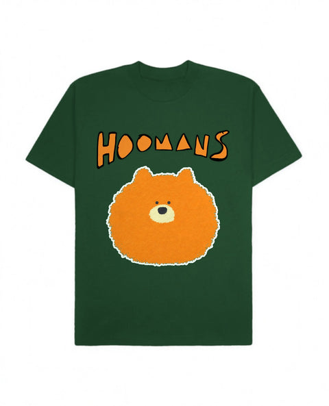 Bottle Green oversized tee with a big orange Hoomans logo over a flat colour orange pomeranian face, front flat lay