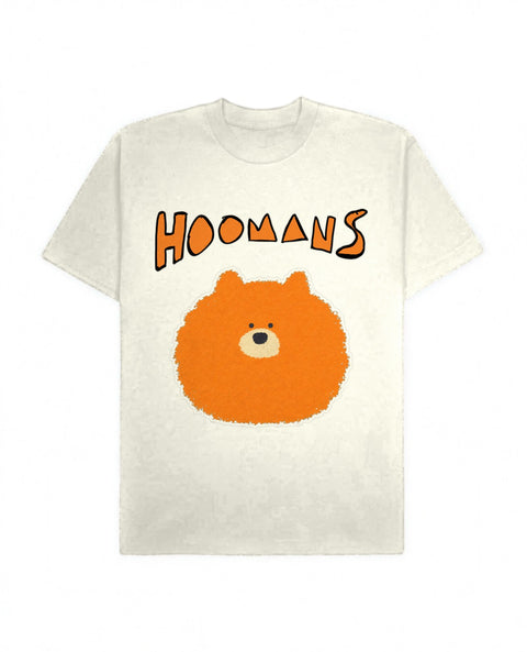 Off White oversized tee with a big orange Hoomans logo over a flat colour orange pomeranian face, front flat lay