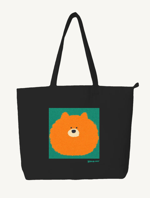Black large canvas tote bag with a flat colour orange Pomeranian on a teal block and a teal Hoomans wordmark, front view