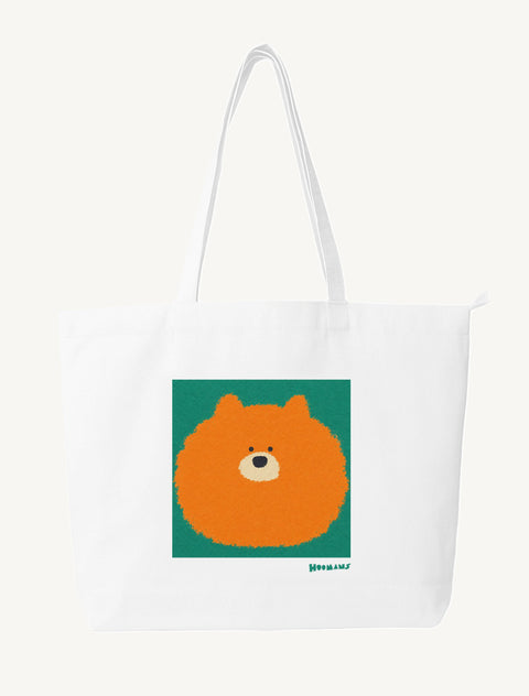 White large canvas tote bag with a flat colour orange Pomeranian on a teal block and a teal Hoomans wordmark, front view