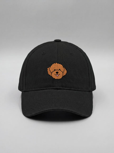 Black baseball cap with embroidered poodle face, front view
