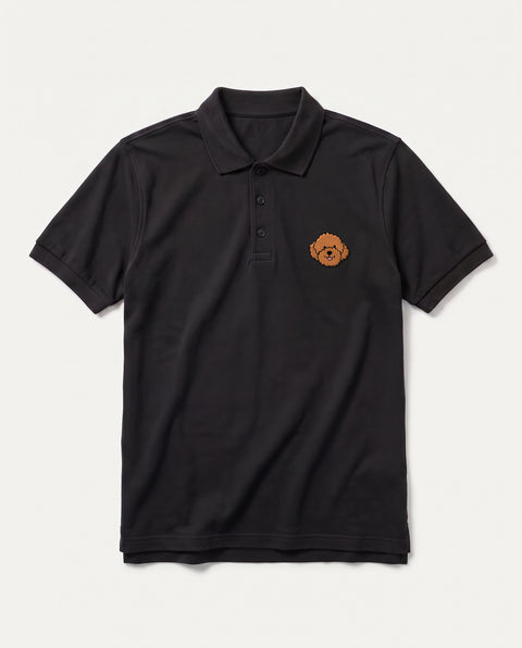 Black polo shirt with embroidered Poodle face on the chest, front flat lay