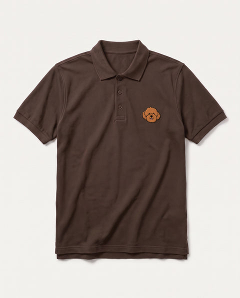 Coffee Brown polo shirt with embroidered Poodle face on the chest, front flat lay