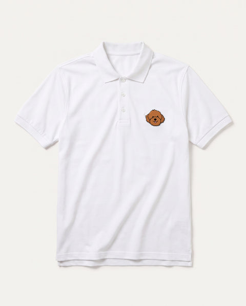 White polo shirt with embroidered Poodle face on the chest, front flat lay