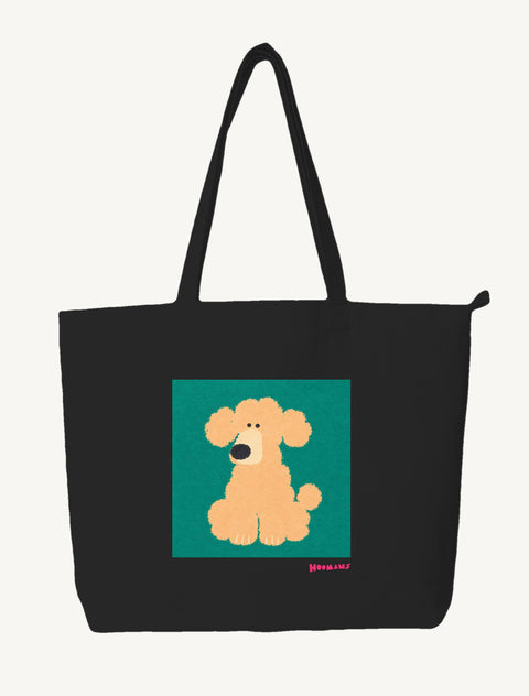 Black large canvas tote bag with a flat colour apricot Poodle sitting on a deep teal block and a raspberry Hoomans wordmark, front view
