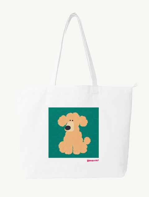 White large canvas tote bag with a flat colour apricot Poodle sitting on a deep teal block and a raspberry Hoomans wordmark, front view